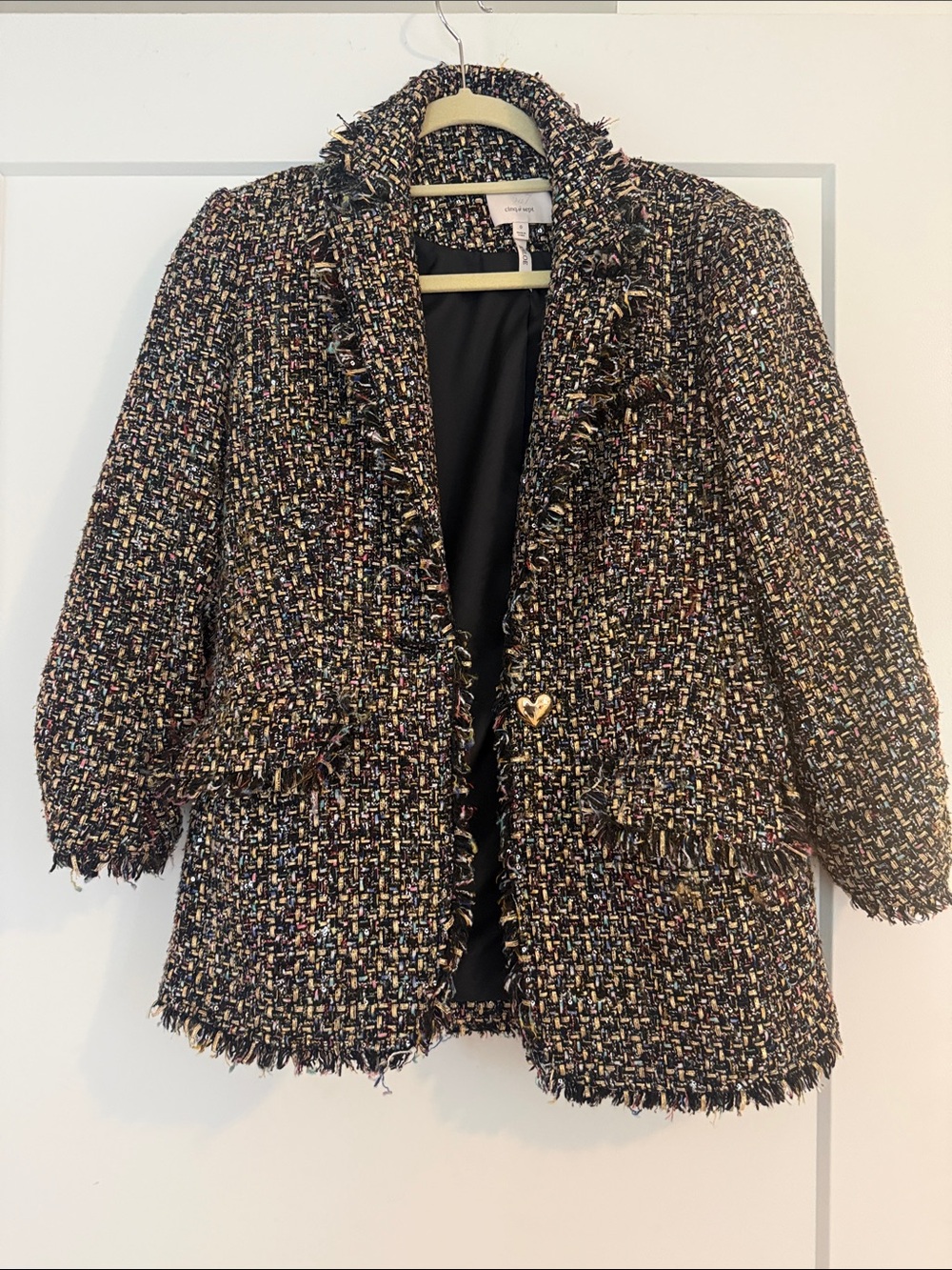 CONQ A SEPT Black Multicolor Tweed Frayed Open Blazer Jacket